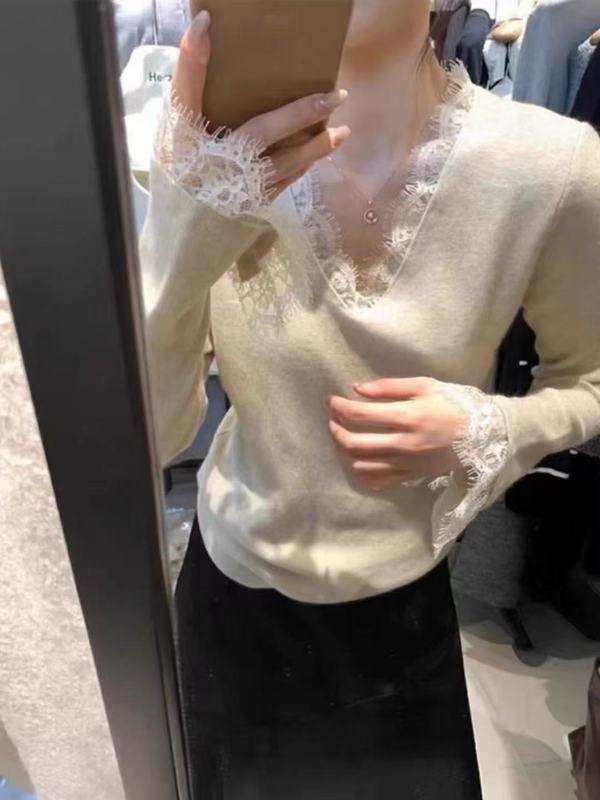 法式气质蕾丝拼接V领针织衫女秋冬超好看内搭毛衣喇叭袖打底上衣|undefined
