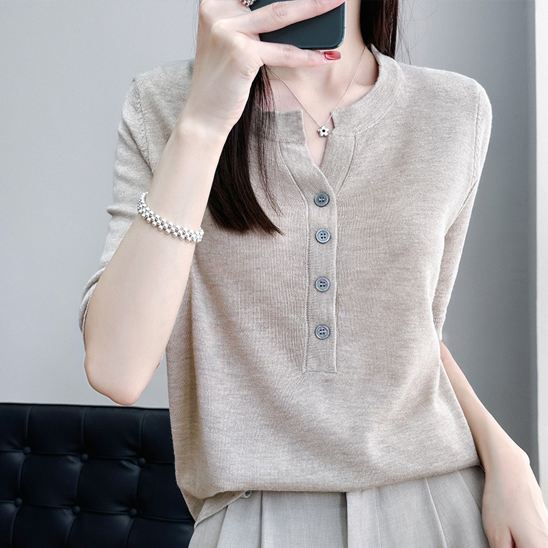 Cross-Border 2025 Spring and Summer New Women's Knit Sweater with Half-Open Collar, Fine Knit Short-Sleeve Thin Pullover Base Shirt Casual Top Cross-Border 2025 Spring and Summer New Women's Knit Sweater with Half-Open Collar, Fine Knit Short-Sleeve Thin Pullover Base Shirt Casual Top