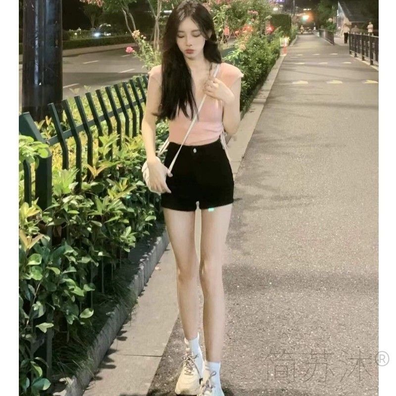 Black High Waist Denim Shorts Women's Summer Hip Bag Sexy Cyber Popular Tight Slimming Hot Pants for Spice Girls Autumn and Winter Bottoming Outer Wear