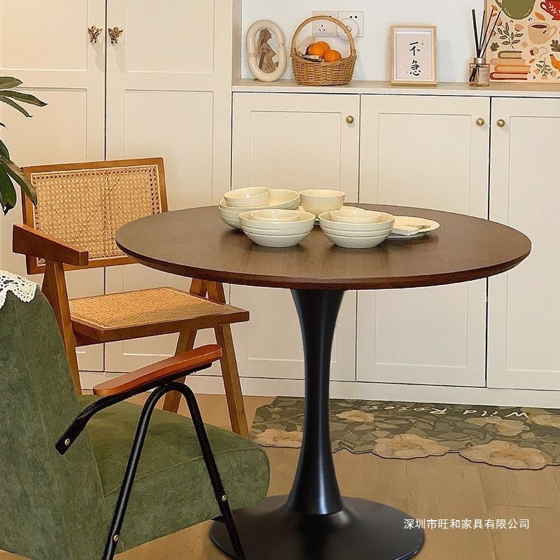 北欧复古郁金香胡桃圆形实木圆桌餐桌家用小户型咖啡阳台|undefined
