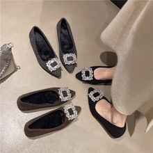 隐形增高韩系小众仙女浅口水钻毛呢单鞋女秋冬新款气质外穿毛毛鞋