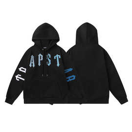 跨境外贸批发潮牌Trapstar渐变字母胸前刺绣连帽加绒套头卫衣