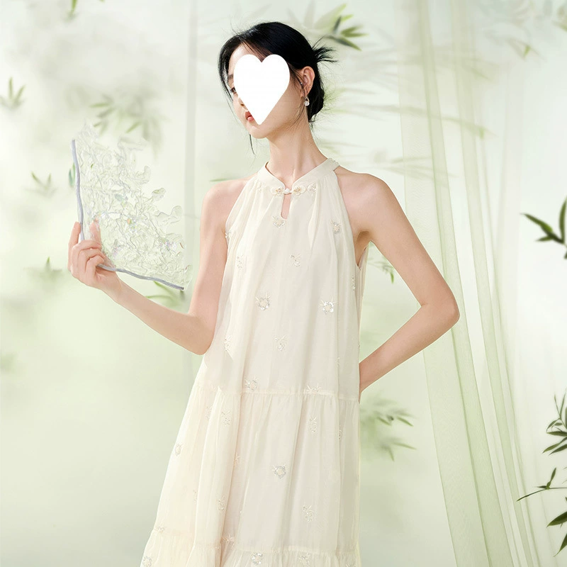 Новое летнее платье в китайском стиле 2025 года, с завязками на шее, супер красивое, с вышивкой, без рукавов, женственное.