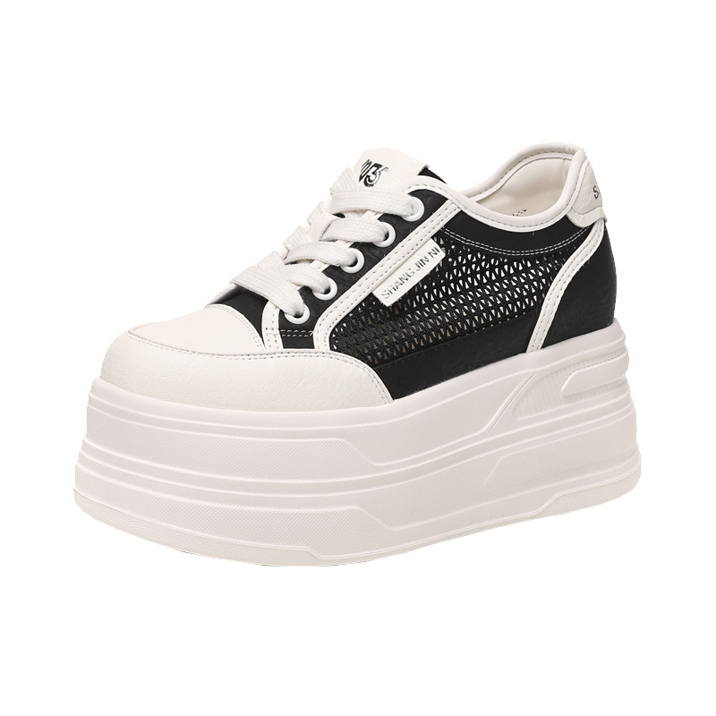 Giày sneaker nữ đế dày tăng chiều cao, mặt lưới thoáng khí, phong cách bánh xốp — Màu đen