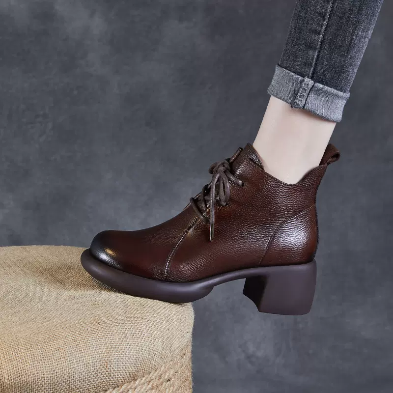 牛皮手工复古中跟短靴女2024秋季新款系带妈妈皮鞋真皮马丁单靴子