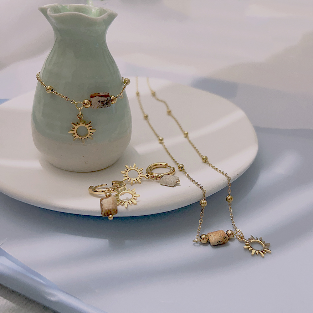 Bracelets, Earrings, Necklace Classification Fashion Sun Square Stainless Steel Plating Hollow Out Women's Bracelets Earrings Necklace