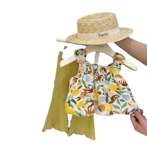  Summer Girls Korean Style Floral Camisole Suit Girl Baby Fashionable Vest Flare Pants Thin Two-piece Set