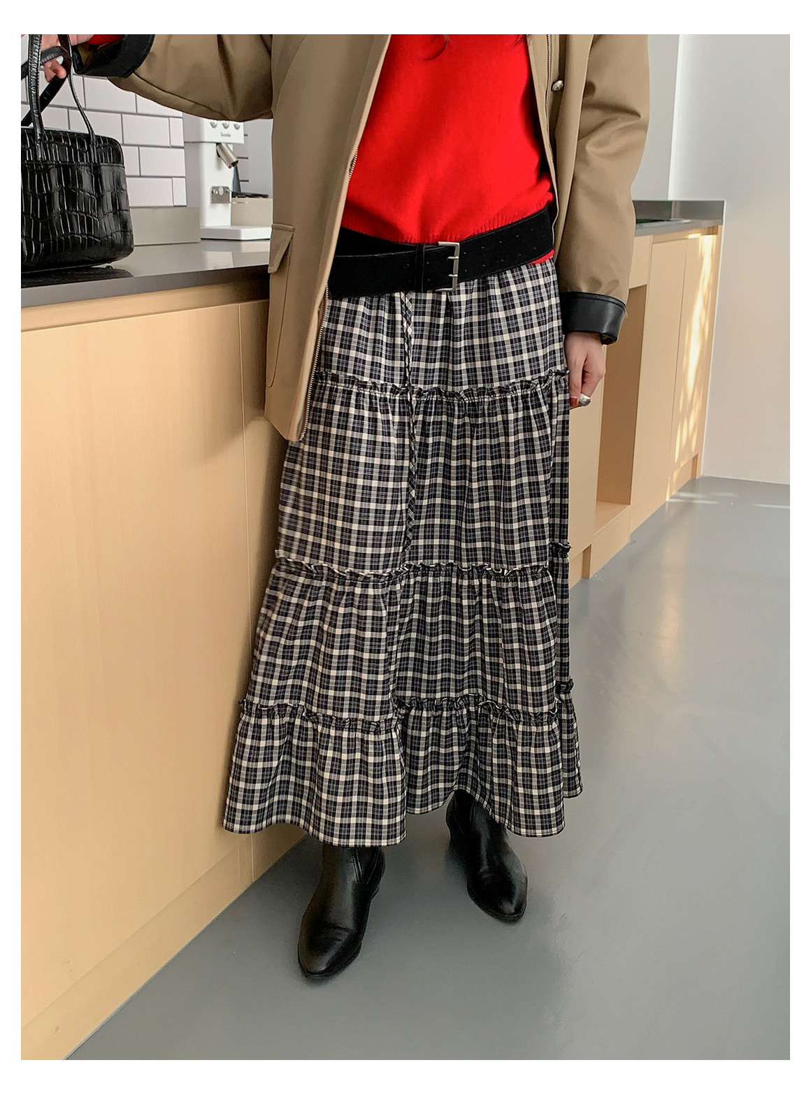 GraceChic GraceChic GraceChic Inbyin Gonna midi a quadri arricciati in stile coreano per donna, lunga vita elastica, che copre i fianchi, snellente_voghion.com