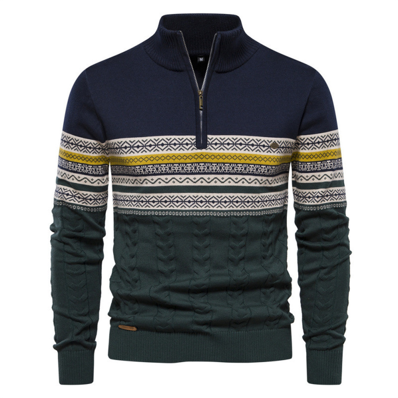 Casual Stand-Up Collar Zippered Cotton Men's Patchwork Semi-Autumn/Winter European Size Men's Sweater Knitwear New Style in Navy Blue Casual Stand-Up Collar Zippered Cotton Men's Patchwork Semi-Autumn/Winter European Size Men's Sweater Knitwear New Style in Navy Blue