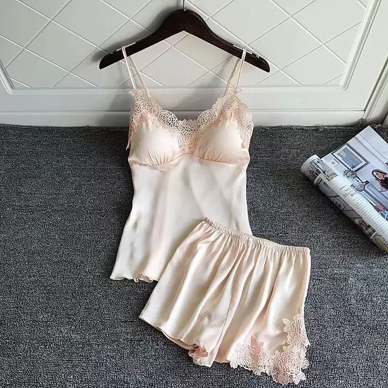 春夏新品女士性感睡衣套装丝绸刺绣花边带胸垫吊带短裤二件套
