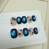 Носимые ногти ручной работы Blue Morpho, ногти с эффектом кошачьего глаза, популярные накладные ногти Xiaohongshu, высококачественные наклейки для ногтей