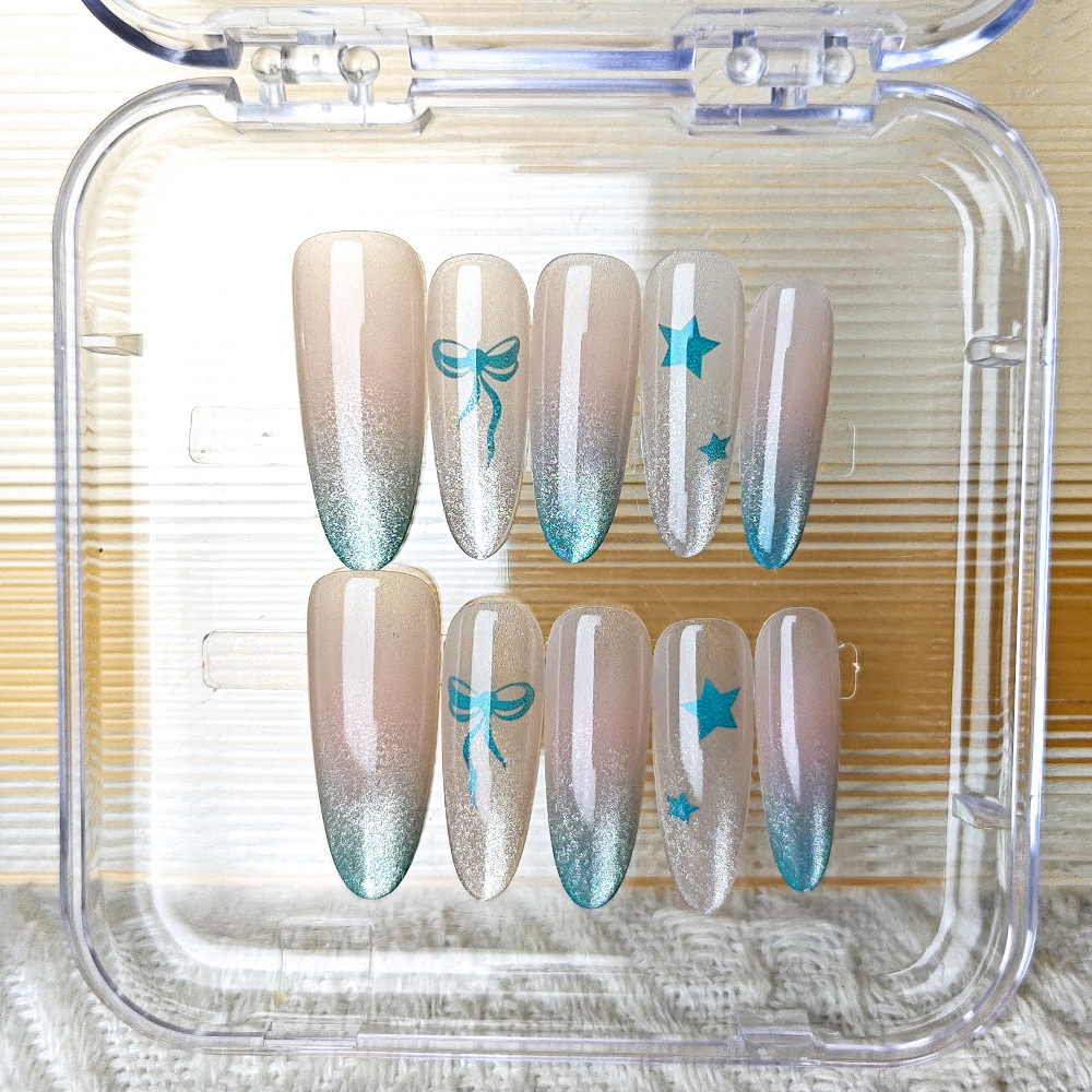 Dream Sparkle Gradiente Nail Art 10 piezas de parche de uñas postizas de ojo de gato con sentido de la atmósfera Armadura larga hecha a mano