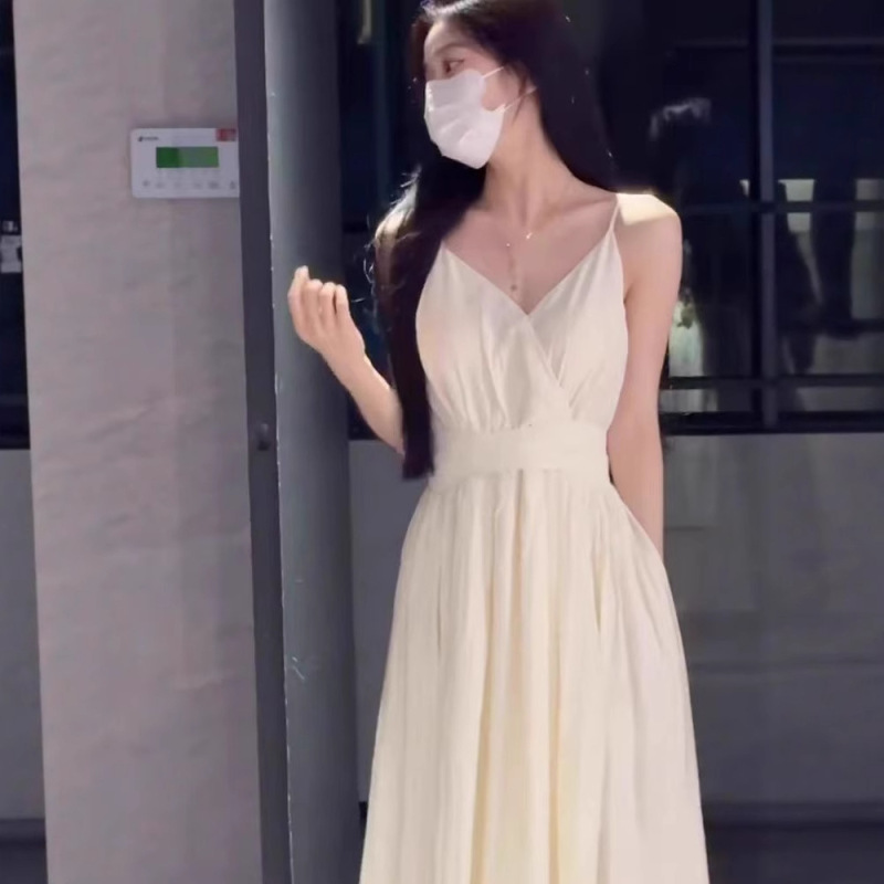 ティーブレイクフレンチドレス女性の夏のスイートウエスト痩身海辺休暇ノースリーブサスペンダーロングドレス|undefined