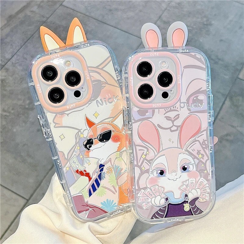 3D rabbit and fox ear Judy and Nick cartoon phone case, suitable for iPhone 17, cartoon Apple 18 feather case