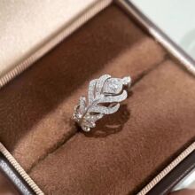 跨境重工孔雀羽毛满钻开口戒指闪耀高碳钻树叶指环高级感轻奢小众