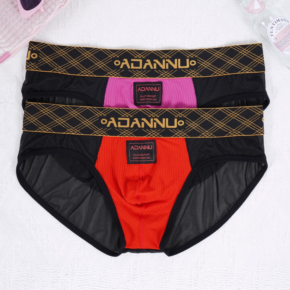 Cueca boxer masculina transparente com cós dourado, em tela sexy, ideal para esportes e fitness, confortável e com fácil liberação._voghion.com