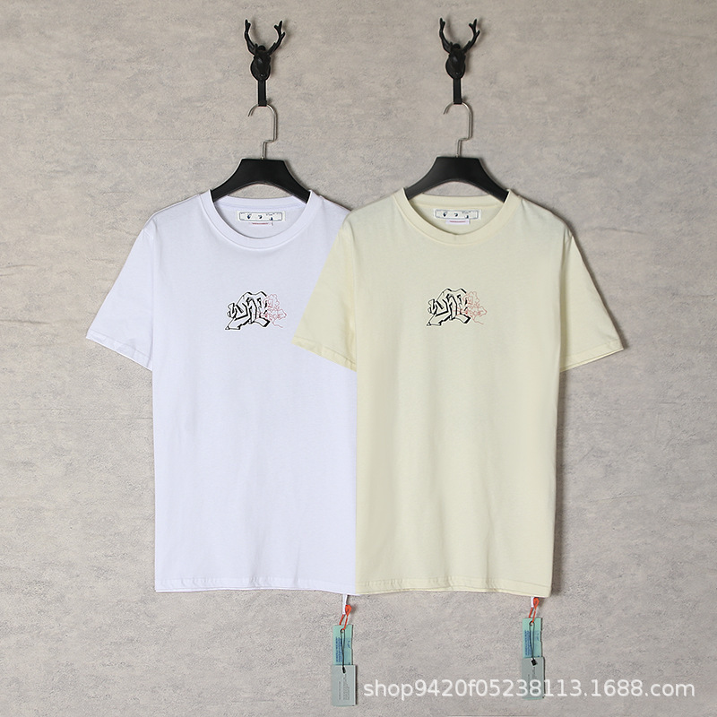 2023 New Summer Style Ow Off White Curved Arrow Pattern Round Neck Short-Sleeved Men's and Women's Pure Cotton T-Shirt