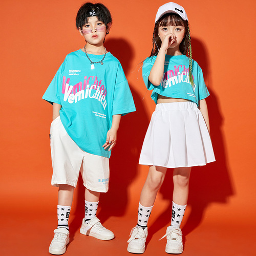 Turquoise hiphop dance costumes for Girls street jazz dance clothes children graduation school dance uniforms models hip-hop cheerleaders suit tide