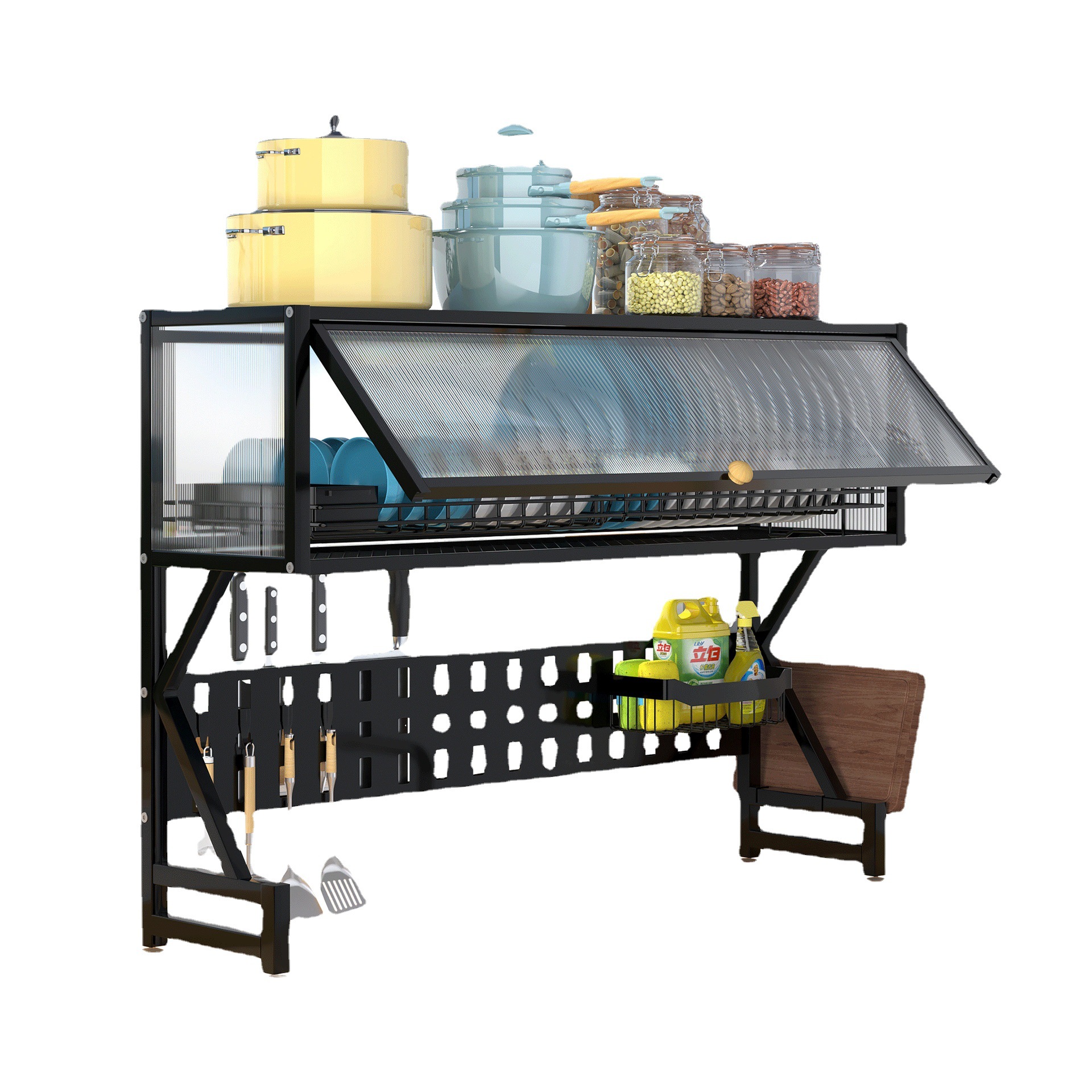 Cocina fregadero a prueba de polvo estante de almacenamiento cinturón de acero al carbono puerta del gabinete tazón plato escurridor encimera olla de almacenamiento estante transfronterizo