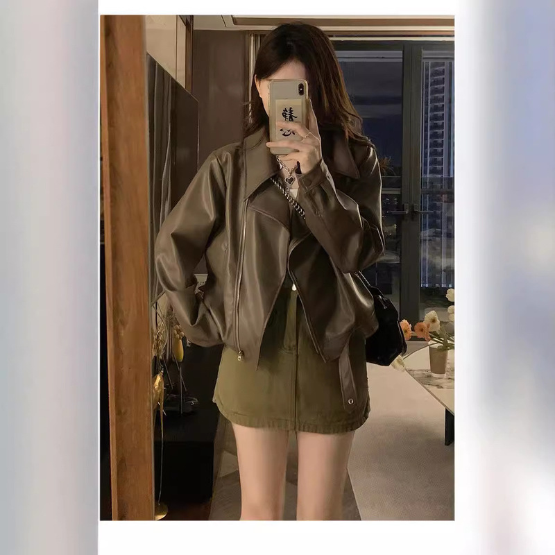 アメリカのレトロなpuの皮の服のコートの女性の2024秋の小さい人はゆったりしていて痩せている機関車の服の短いジャケットの上着を現します。|undefined