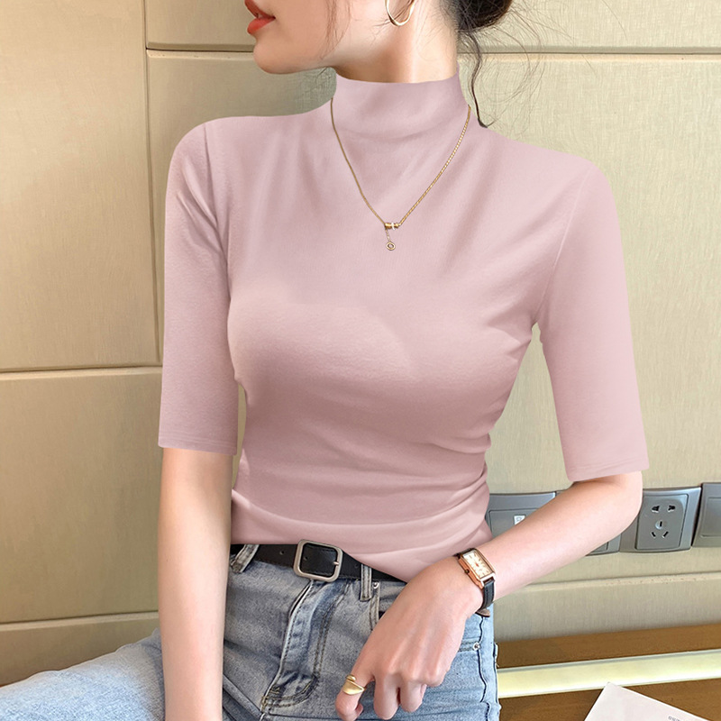 가죽 핑크 하프 터틀넥 7부소매
