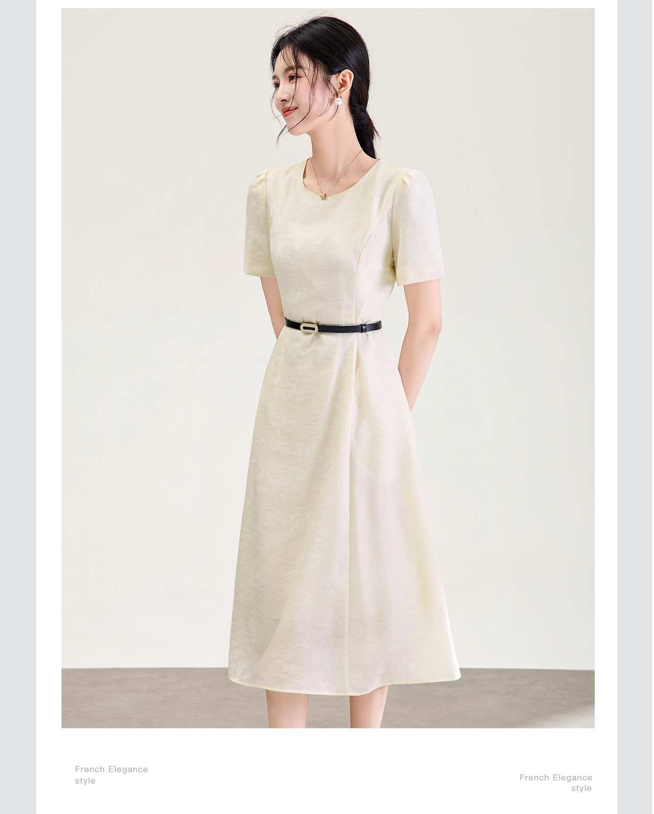 Đầm maxi nữ thắt eo họa tiết bướm jacquard kiểu Pháp — màu be chi tiết 8