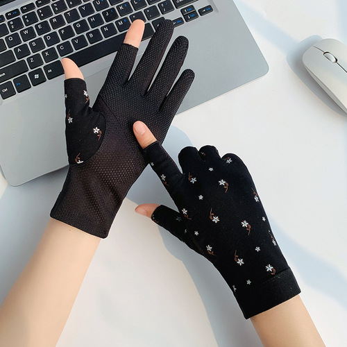 Fingerless sun protection gloves for women summer thin cotton anti-UV driving and riding non-slip breathable tea picking touch screen half-finger gloves