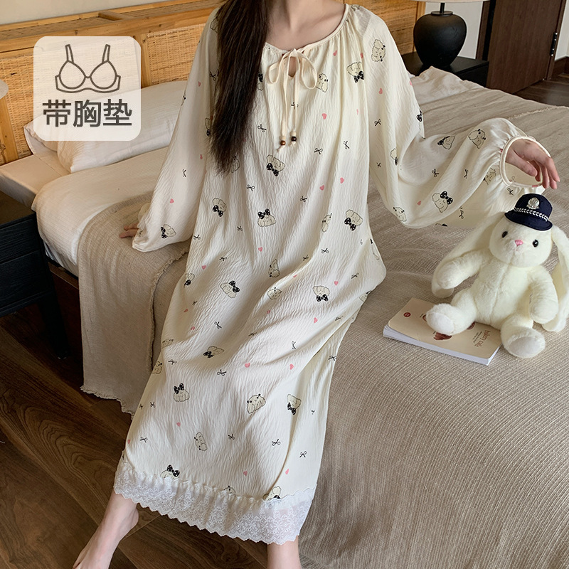 云朵棉睡衣女春秋季新款带胸垫长袖睡裙可爱卡通公主风长裙家居服|undefined