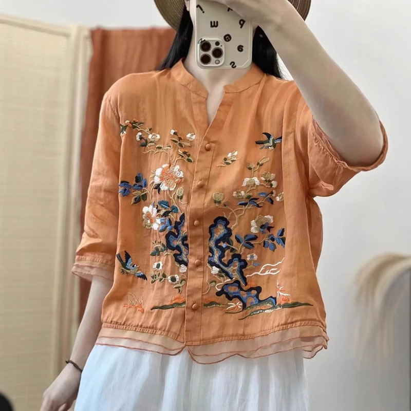 Cotton and Linen Short-Sleeved Shirt 2026 Summer New Style Chic Embroidered Ethnic Style Cardigan Large Size Loose-Fitting Women's Clothing That Looks Slimming