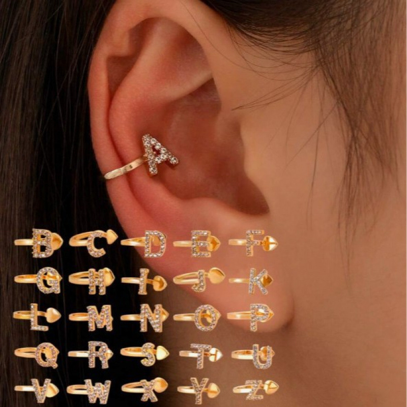 European and American 26 English Letter Ear Clips, Simple Non-Pierced Ear Bone Clips, High-End Elegant Diamond-Encrusted U Non-Pierced Earrings for Women