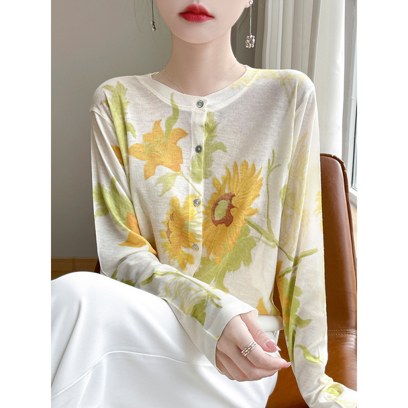Worsted Water Soluble Super Soft Wool Base Shirt Micro Loose Cardigan Knitted Tencel Jacket Thin Top Printed Sunscreen Shirt