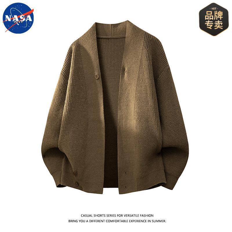 Nasa Brand High-End Knitted Cardigan Sweater Men's Autum Handsome Casual Loose Retro Old Money Style Jacket