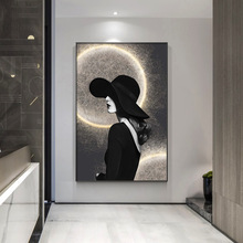 現代輕奢人物客廳裝飾畫帶LED燈玄關掛畫沙發背景牆巨幅落地畫