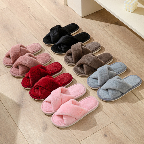 Cotton slippers for women in winter solid color indoor plush simple home couple warm plush confinement shoes foreign trade men