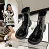 Front zipper Riding boots 2023 spring and autumn new pattern fashion Single boots Patent leather The thickness of the bottom Small fragrant wind Color matching Bootie