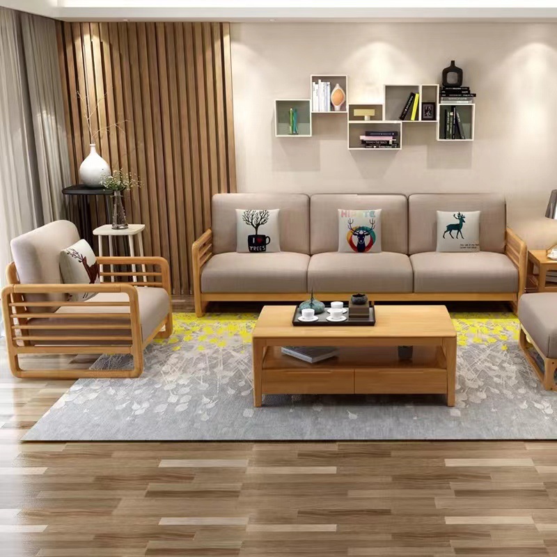 Nordic solid wood fabric sofa modern minimalist small apartment living room set for three or four people position combination