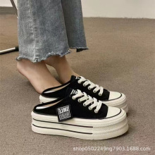 2025夏新款厚底增高拖鞋潮流百搭懒人一脚蹬半拖时尚休闲帆布鞋女