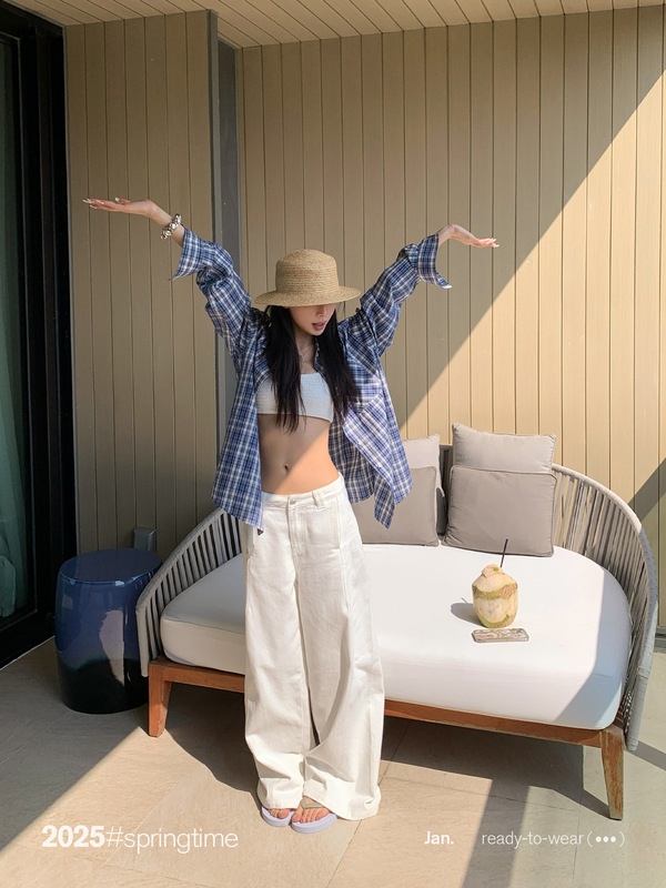 SUNONEONE 白色阔腿裤牛仔裤女秋季新款美式宽松弯刀直筒休闲裤子|undefined