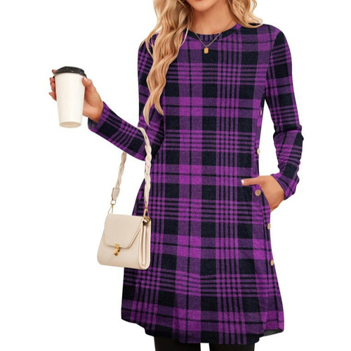 2025 European and American Style Long-Sleeve Round Neck Button-Side Dress with Pockets for Women