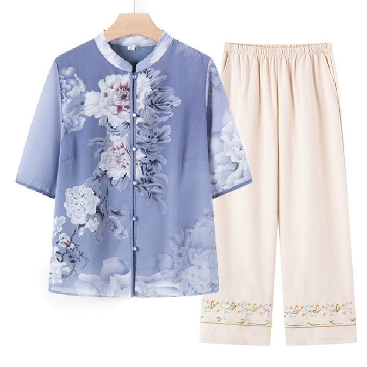 Весна и лето 2024 новый набор вышитых топов с укороченными брюками Новые китайские рубашки широкие брюки свободные старинные повседневные