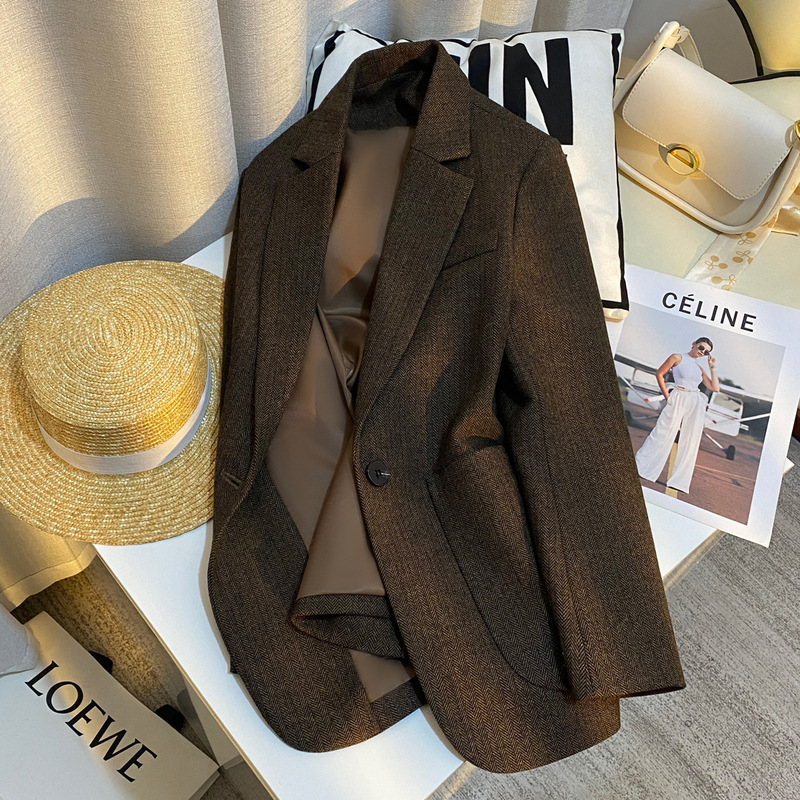 New High-End Brown Woolen Blazer for Women 2025 Autumn and Winter Casual Petite Commuter Versatile Trendy Suit