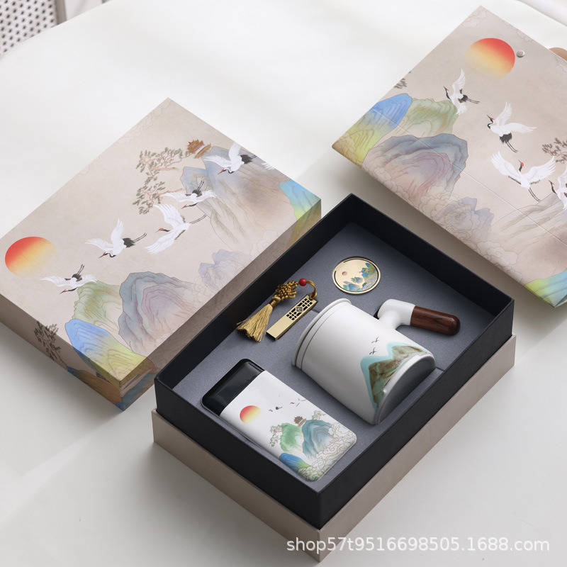 Taza de cerámica Jiangshan set de regalo de taza de marca de filtro de taza de agua de negocios de talla LOGO publicidad al por mayor