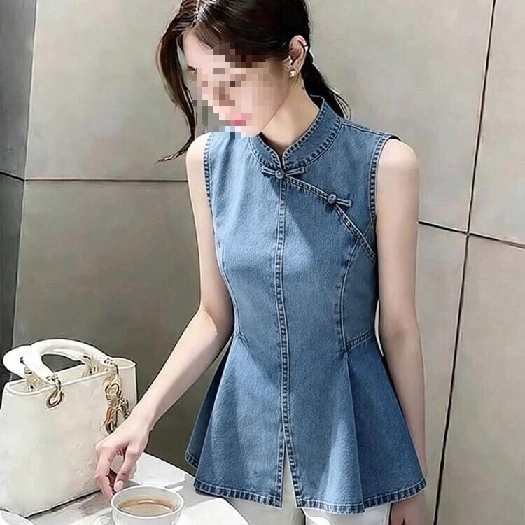 Chinese-style denim blue button-down shirt, summer design, fashionable stand-up collar, Korean-style sleeveless top, in stock, light blue Chinese-style denim blue button-down shirt, summer design, fashionable stand-up collar, Korean-style sleeveless top, in stock, light blue