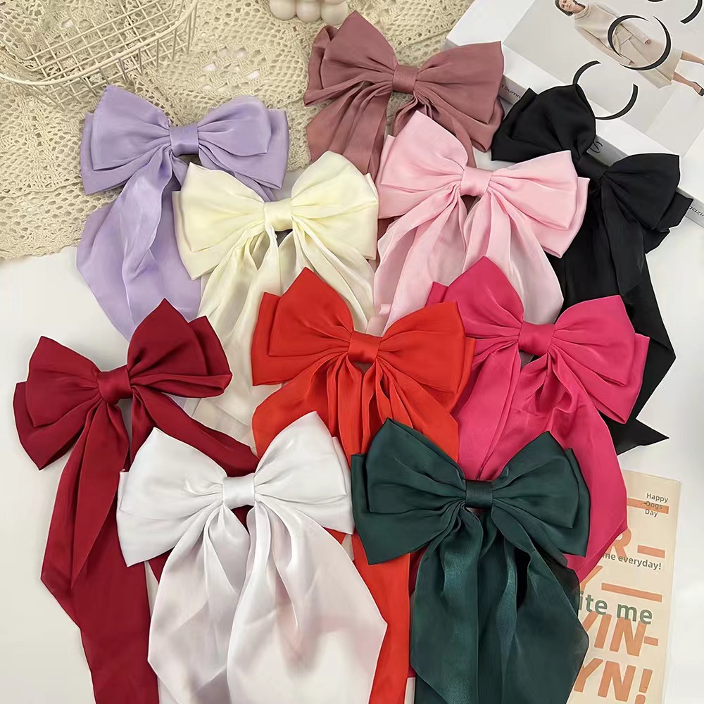 Net red satin ribbon bow hairpin solid color foreign trade back head top clip red hairpin hair accessories wholesale