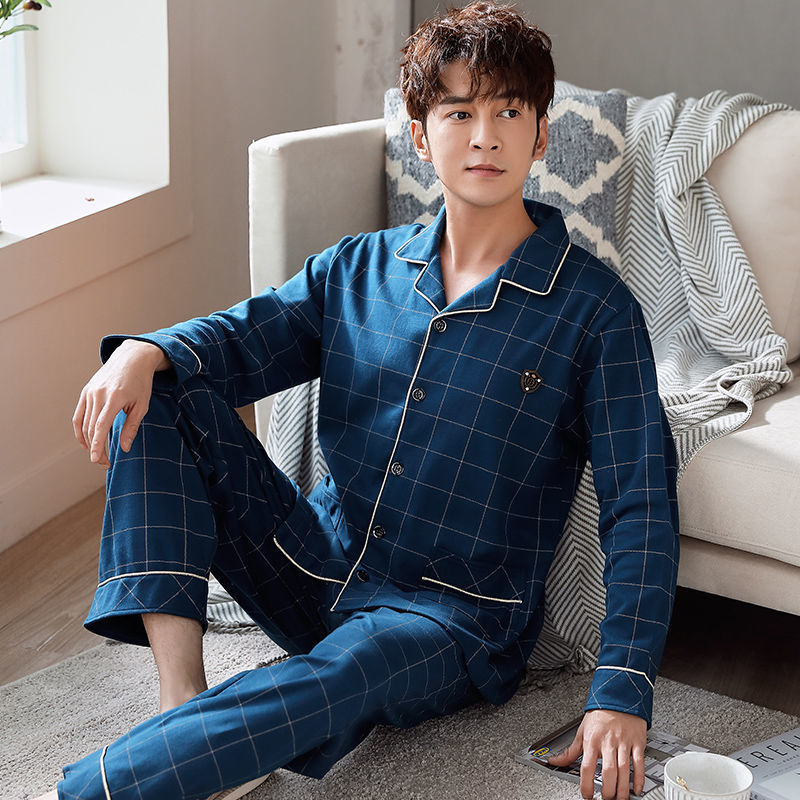 Pijama de algodón 100% de los hombres de manga larga de primavera y otoño más tamaño de otoño e invierno más el tamaño de los hombres gordos homewear traje
