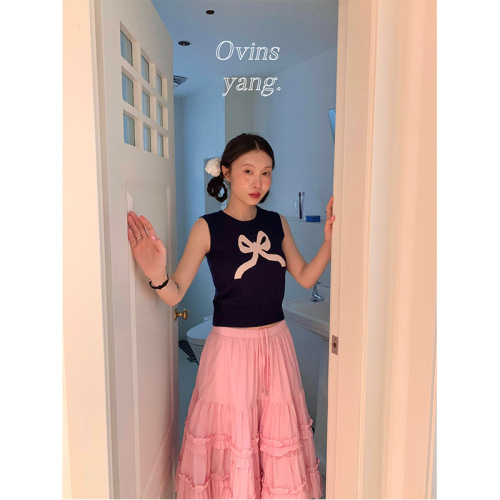 ovinsyang bow knitted vest for women to wear inside and outside, sweet little girl short sleeveless top