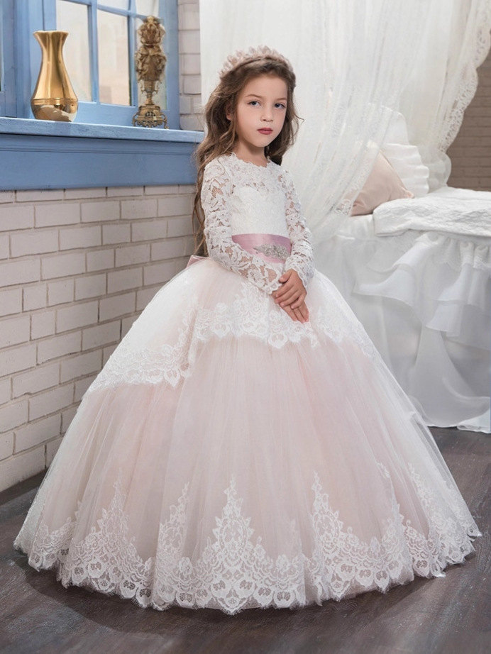 Comercio exterior transfronterizo nuevo encaje doble manga larga invierno bola flor chica pettiskirt vestido de novia entrega de una sola pieza
