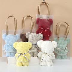 Factory-supplied wedding coral fleece towels in a mini bear-shaped tote gift box&mdash;customizable with embroidered logos, highly absorbent, and featuring a stylish Japanese-style pineapple pattern.