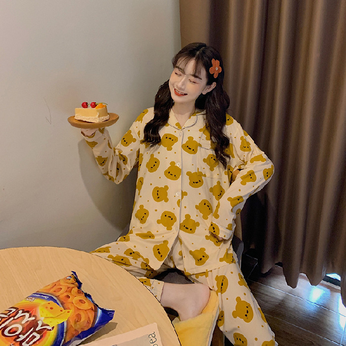 Primavera y otoño pijamas de las mujeres lindo simple traje fresco estudiante flojo Delgado manga larga cardigan leche seda inicio desgaste