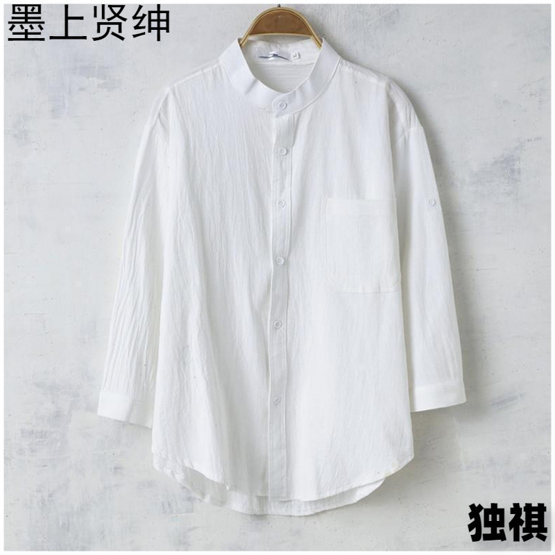Camisa de cuello alto de gran tamaño suelta de color sólido de lino para hombres, de mediana edad y ancianos de verano, camisa de manga corta transpirable delgada con mangas de cinco puntos